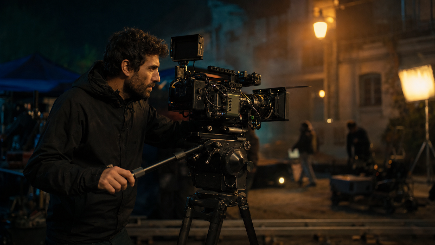 Direttore della fotografia riprende una scena su set con una camera cinematografica professionale