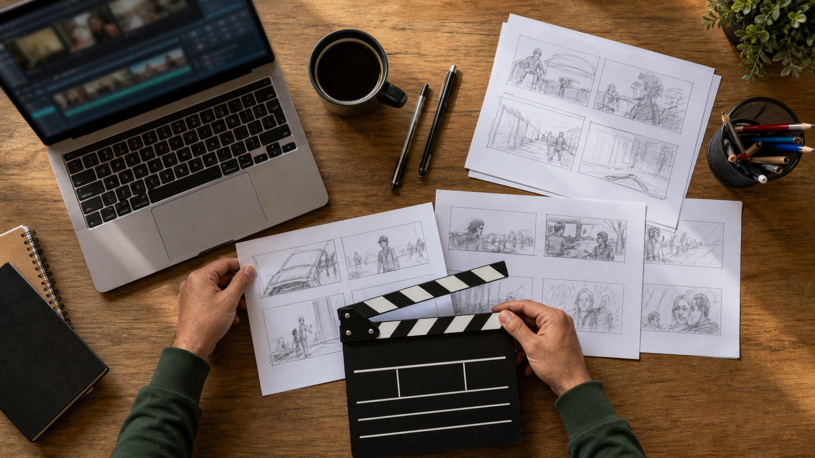 Pianificazione dello storyboard e organizzazione delle riprese con ciak e laptop su una scrivania