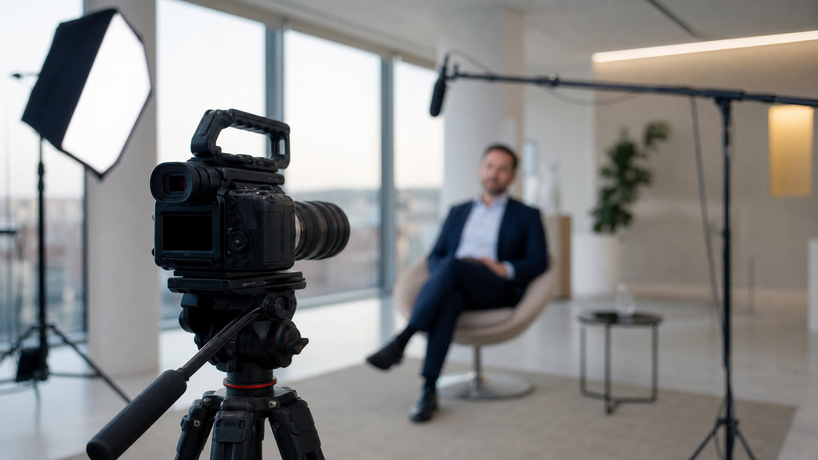Set di ripresa per un video aziendale con luci softbox e microfono boom