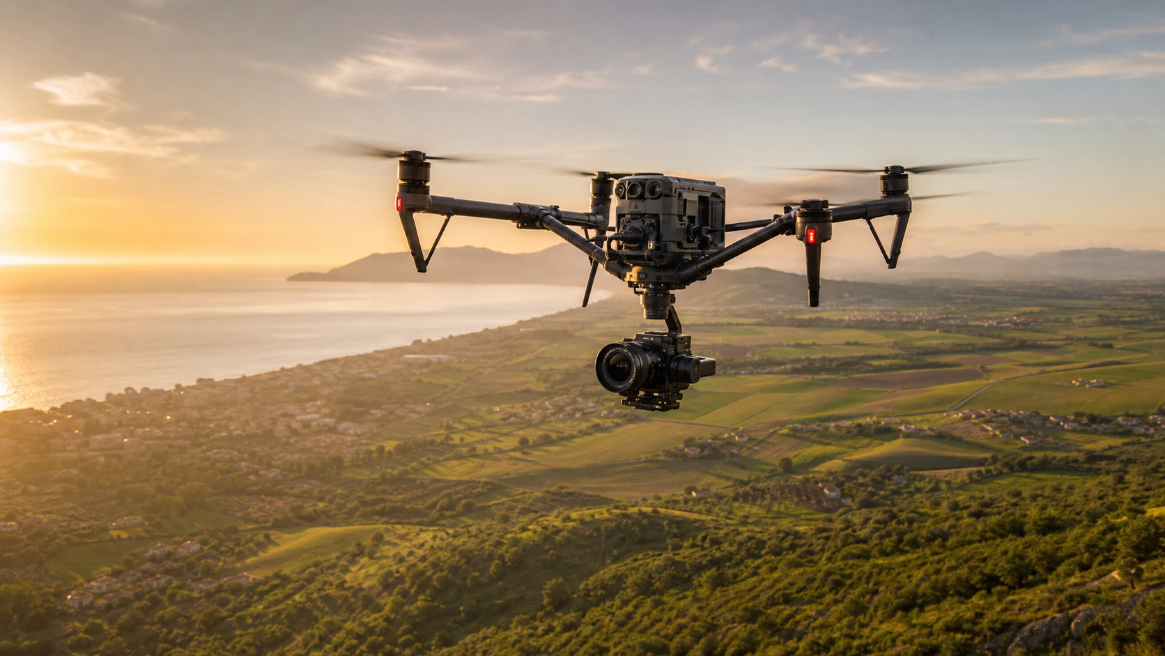 Drone professionale in volo per riprese aeree cinematografiche sulla campagna di Latina