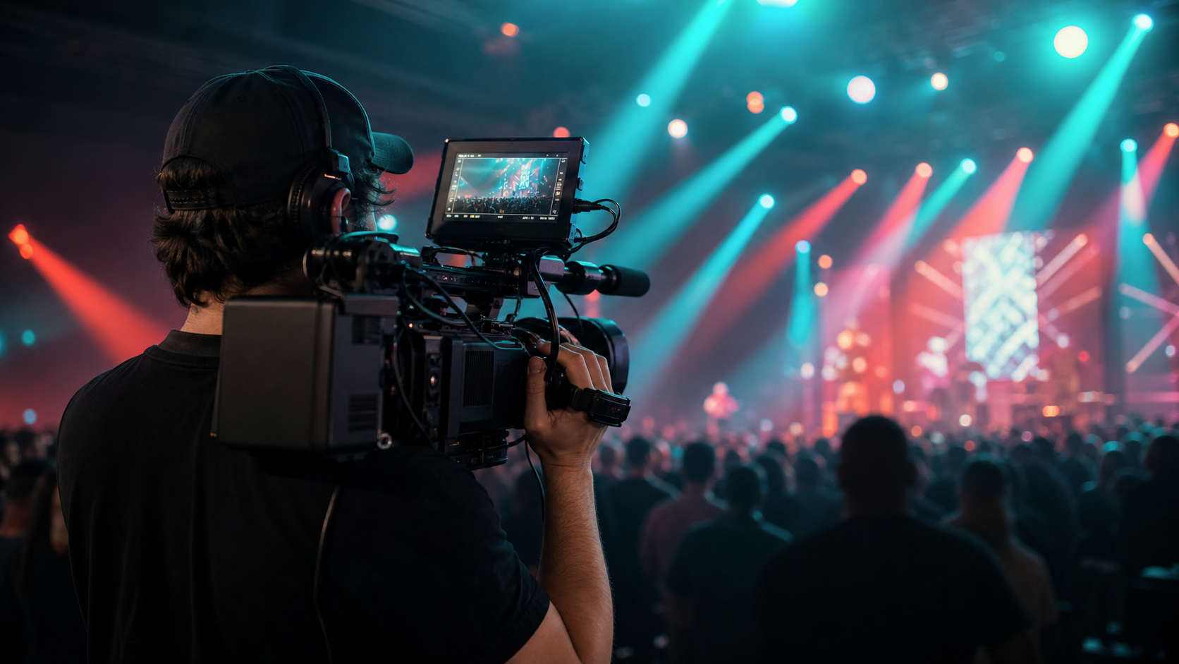 Operatore video riprende un evento dal vivo con luci di scena colorate